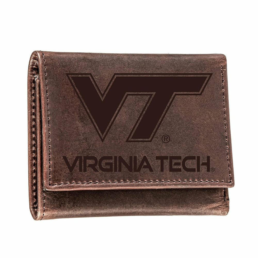 Virginia Tech, Tri-Fold Wallet, Brown, CH, 100% Genuine Leather