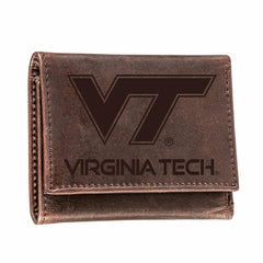 Virginia Tech, Tri-Fold Wallet, Brown, CH, 100% Genuine Leather