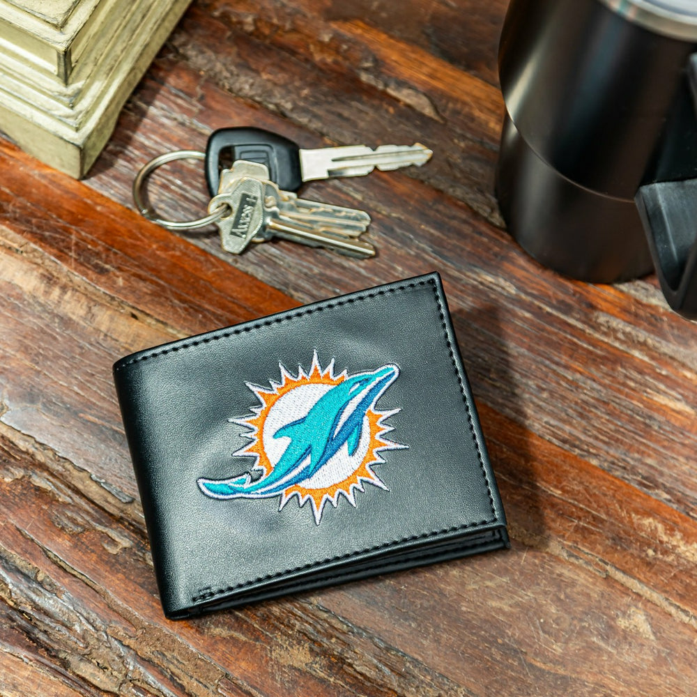 Miami Dolphins Black Bi-Fold Embroidered Wallet w/ RFID Blocking