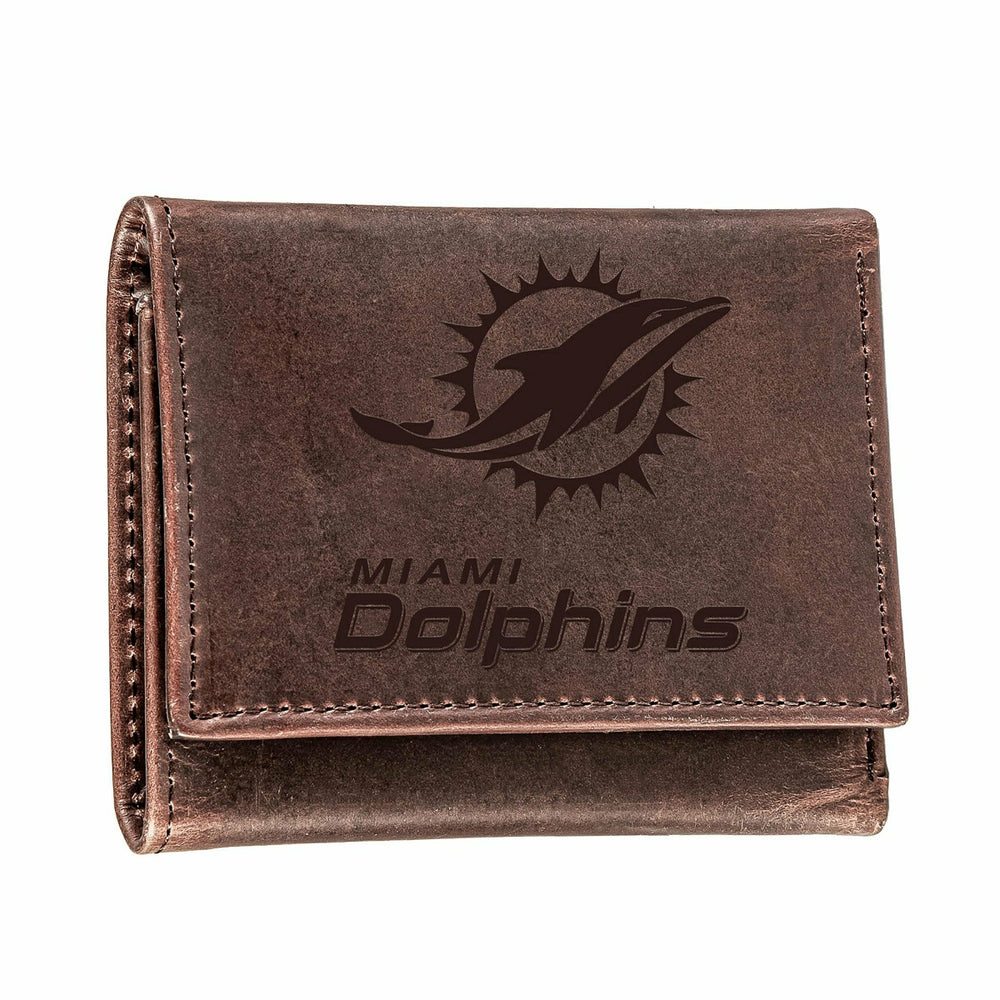 Miami Dolphins, Tri-Fold Wallet, Brown, CH, 100% Genuine Leather