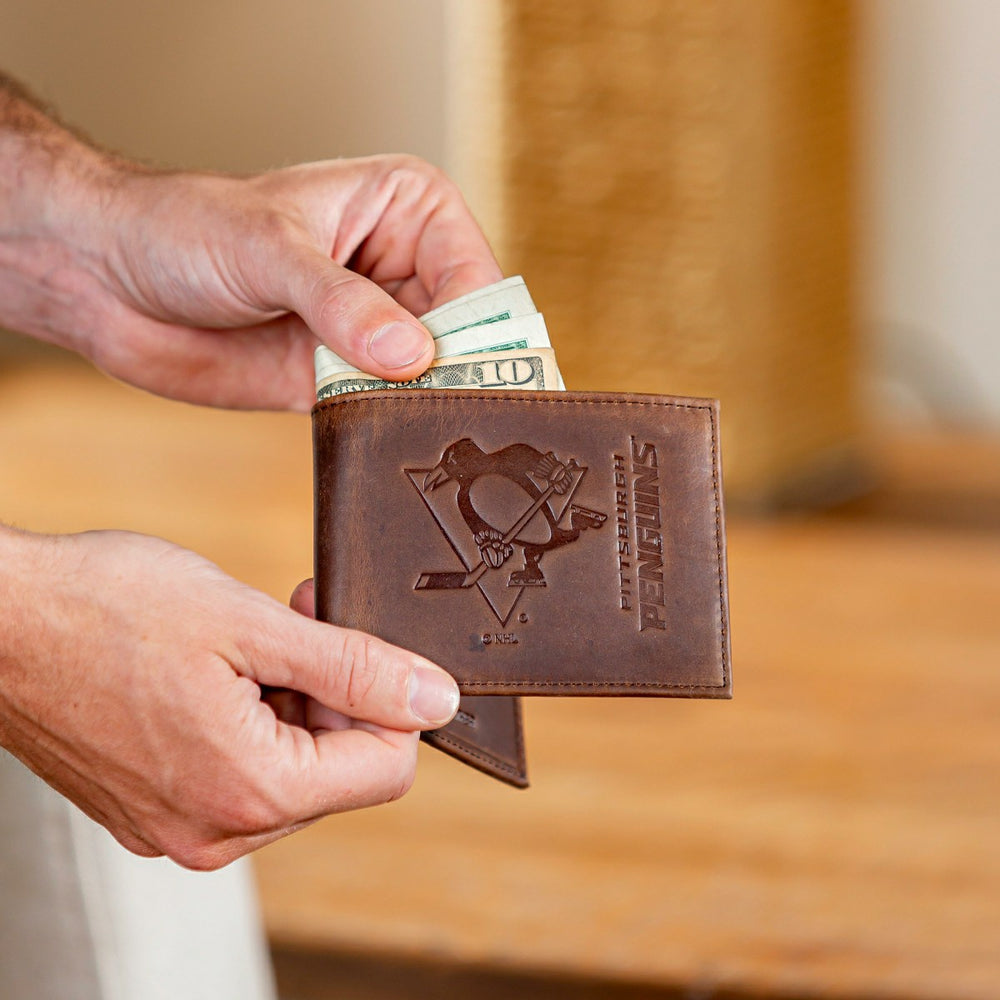Pittsburgh Penguins, Bi-Fold Wallet, Brown, CH, 100% Genuine Leather