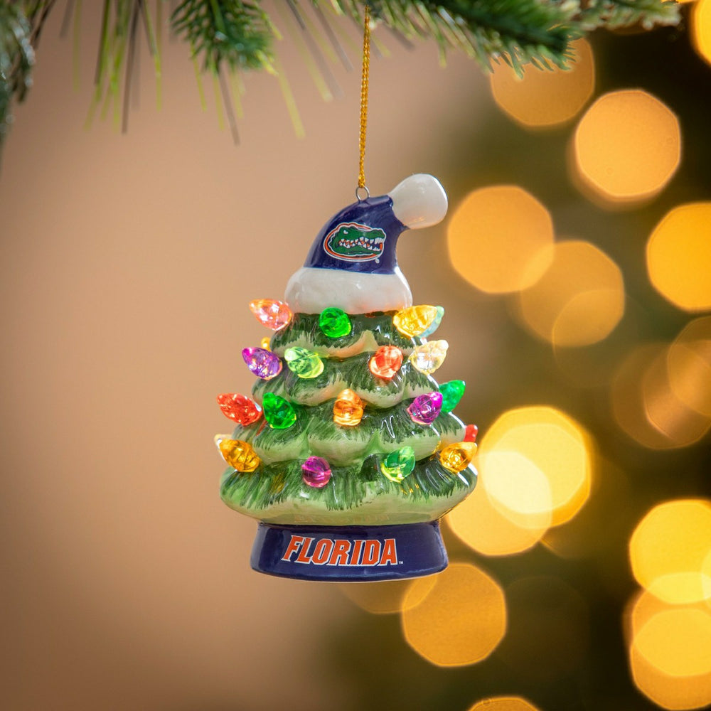 4" LED Ceramic Christmas Tree Ornament with Team Santa Hat, University
