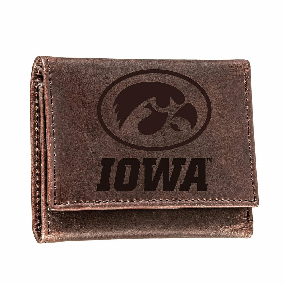 University of Iowa, Tri-Fold Wallet, Brown, CH, 100% Genuine Leather