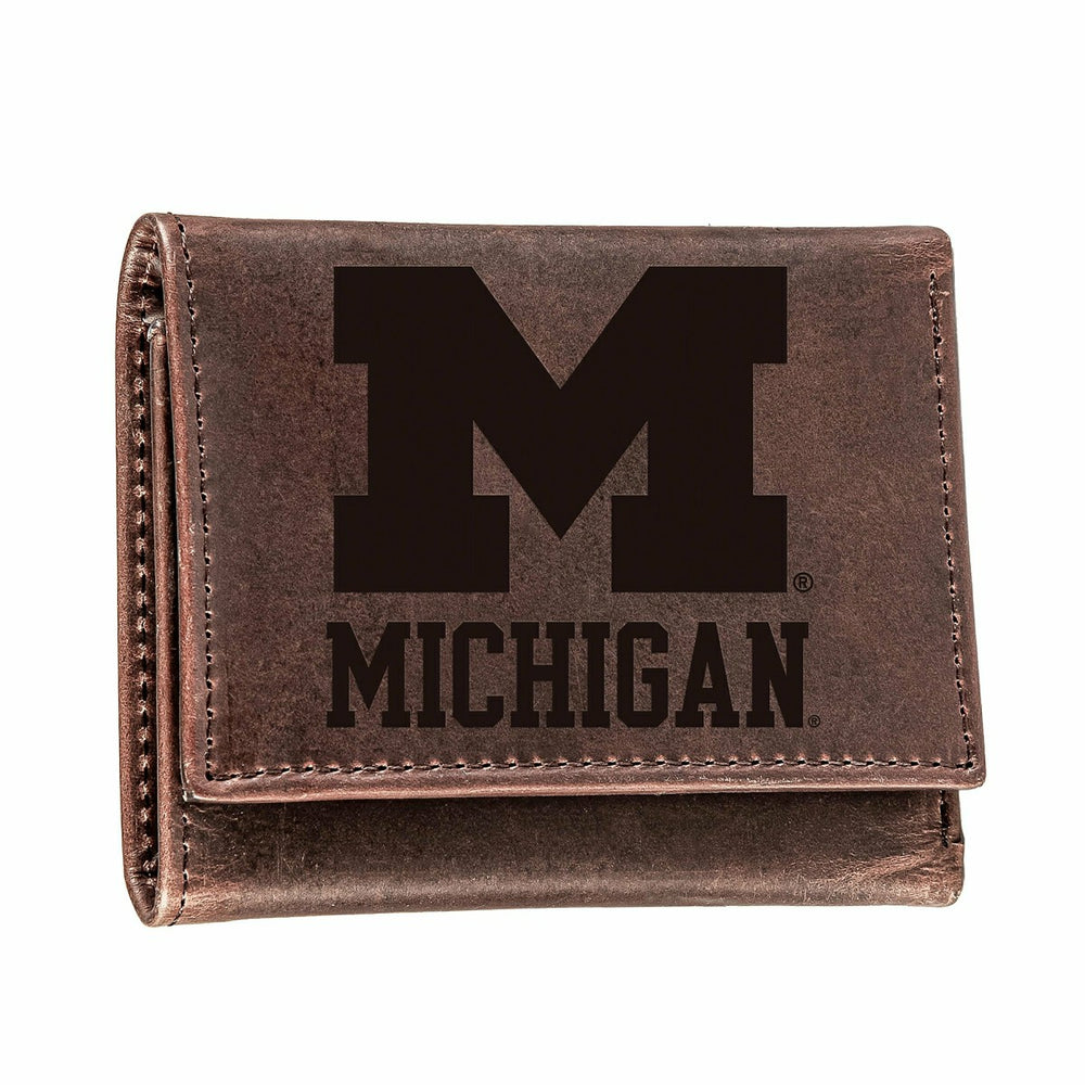 University of Michigan, Tri-Fold Wallet, Brown, CH, 100% Genuine Leath