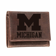 University of Michigan, Tri-Fold Wallet, Brown, CH, 100% Genuine Leath