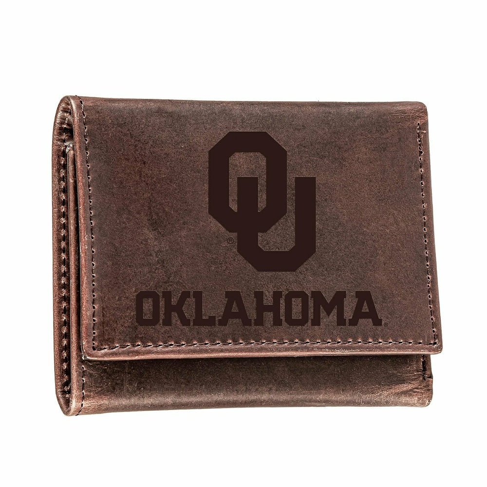 University of Oklahoma, Tri-Fold Wallet, Brown, CH, 100% Genuine Leath