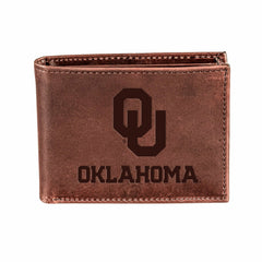 University of Oklahoma, Bi-Fold Wallet, Brown, CH, 100% Genuine Leathe
