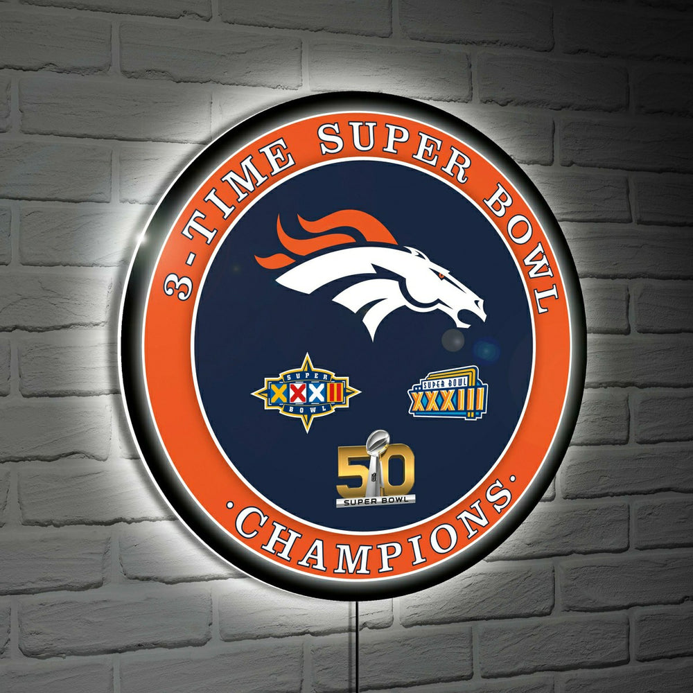 Denver Broncos 3X Superbowl Champions Football Round LED Wall Decor