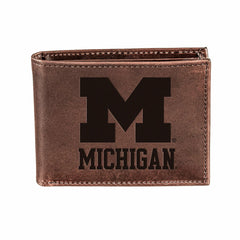 University of Michigan, Bi-Fold Wallet, Brown, CH, 100% Genuine Leathe