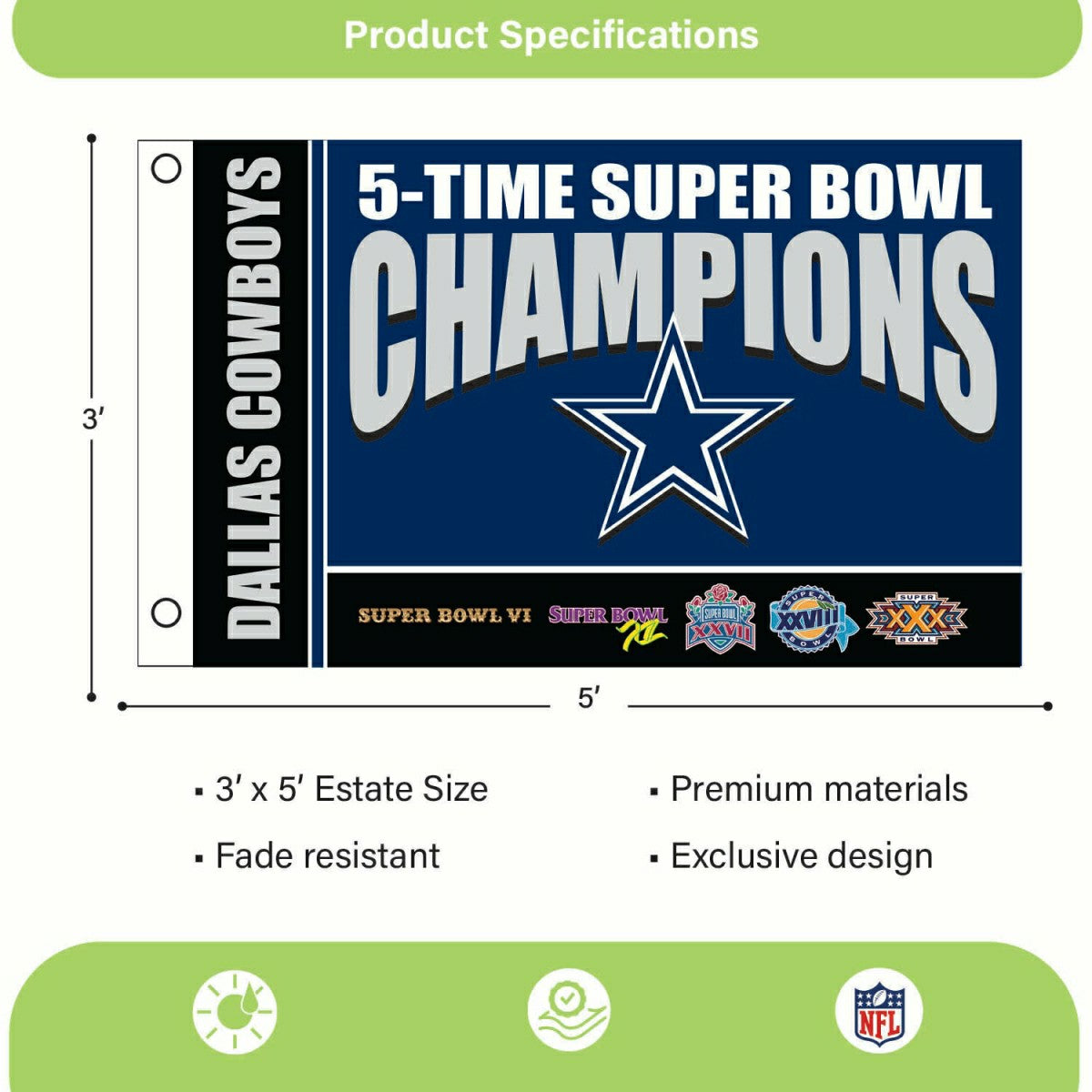 Dallas Cowboys 5X Superbowl Champions Football 3x5 Flag