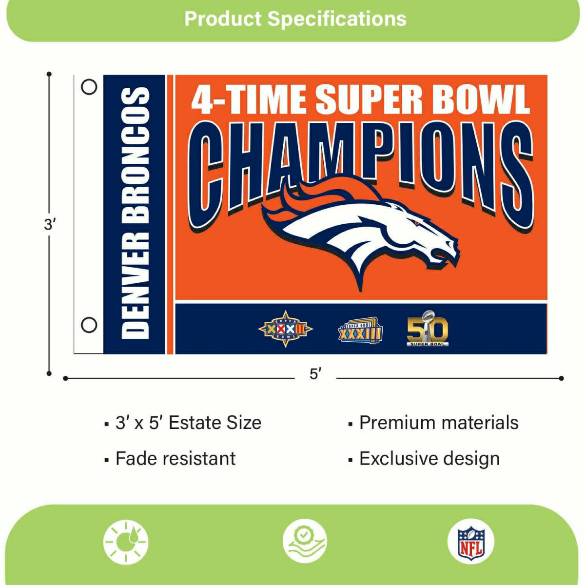 Denver Broncos 3X Superbowl Champions Football 3x5 Flag