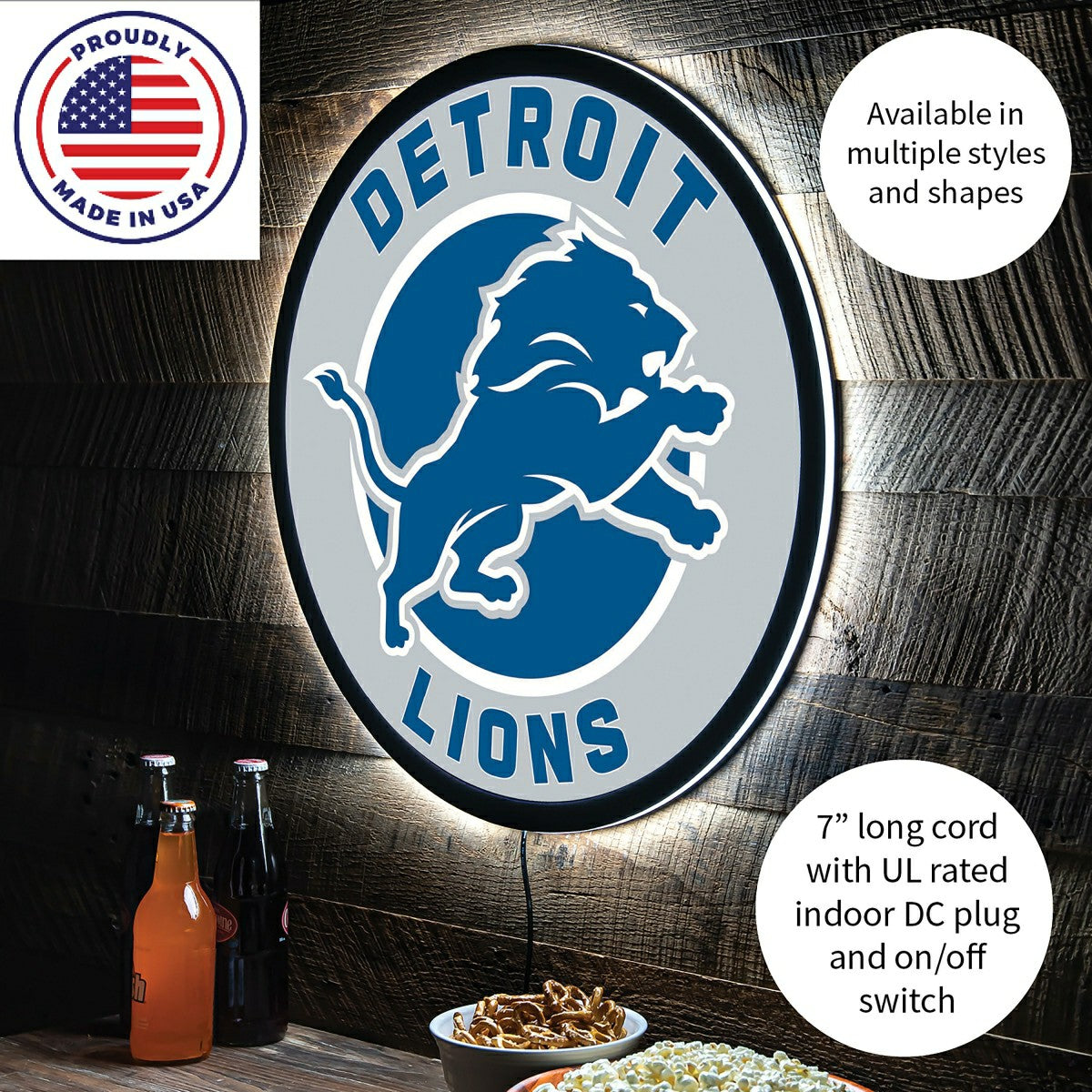 LED Wall Decor, Round, Detroit Lions