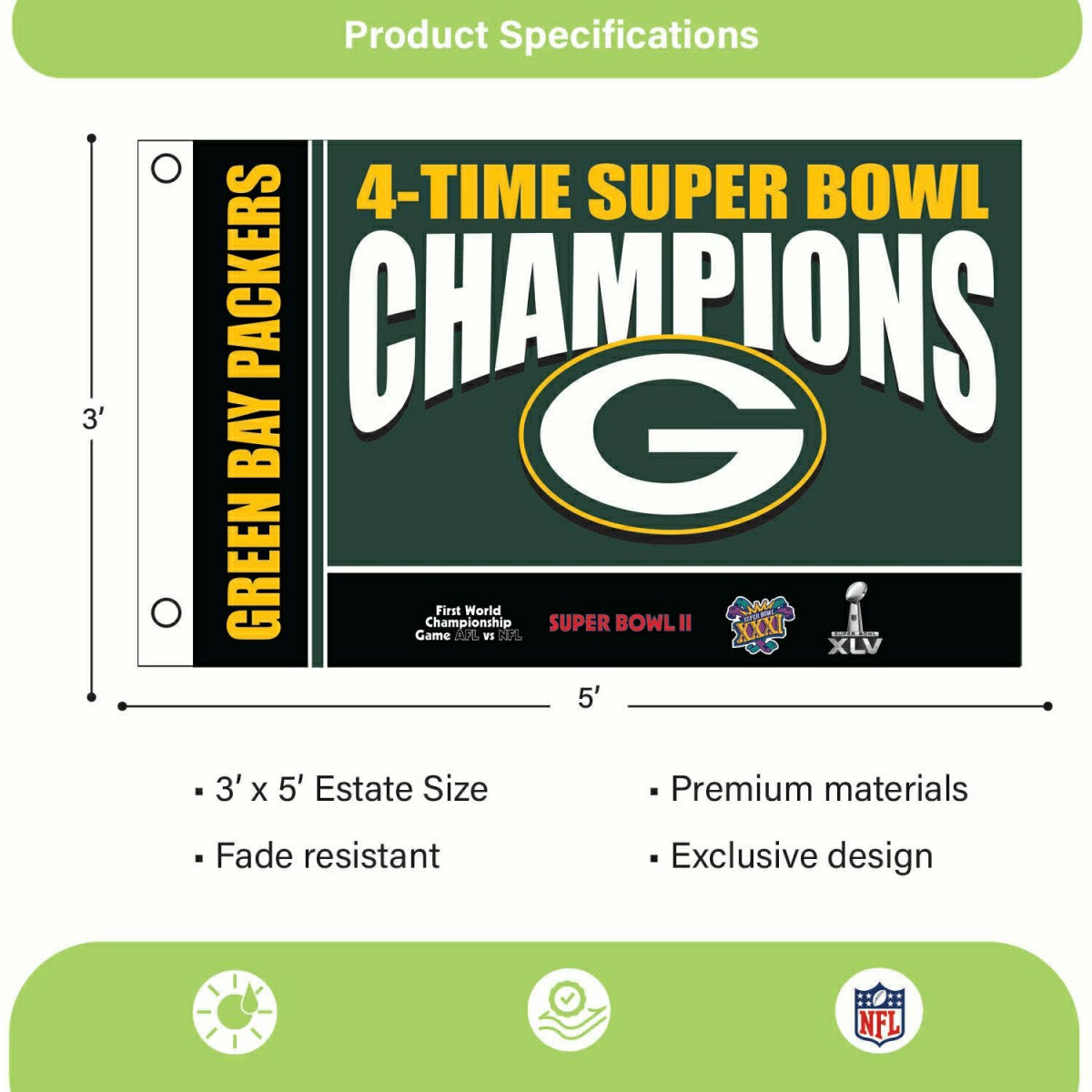 Green Bay Packers 4X Superbowl Champions Football 3x5 Flag
