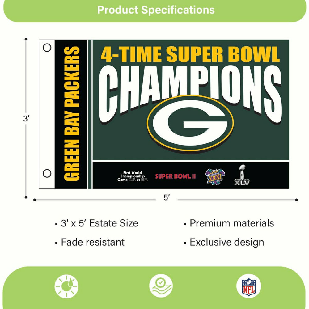 Green Bay Packers 4X Superbowl Champions Football 3x5 Flag