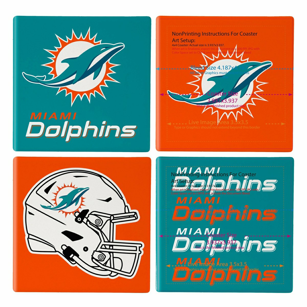 Miami Dolphins Ceramic Coasters Set, 4pcs with Wood Caddy