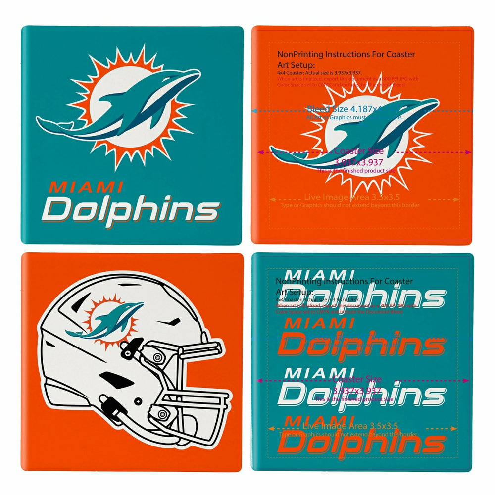 Miami Dolphins Ceramic Coasters Set, 4pcs with Wood Caddy
