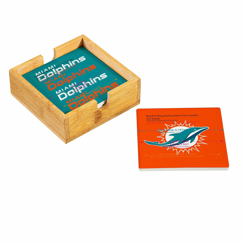 Miami Dolphins Ceramic Coasters Set, 4pcs with Wood Caddy
