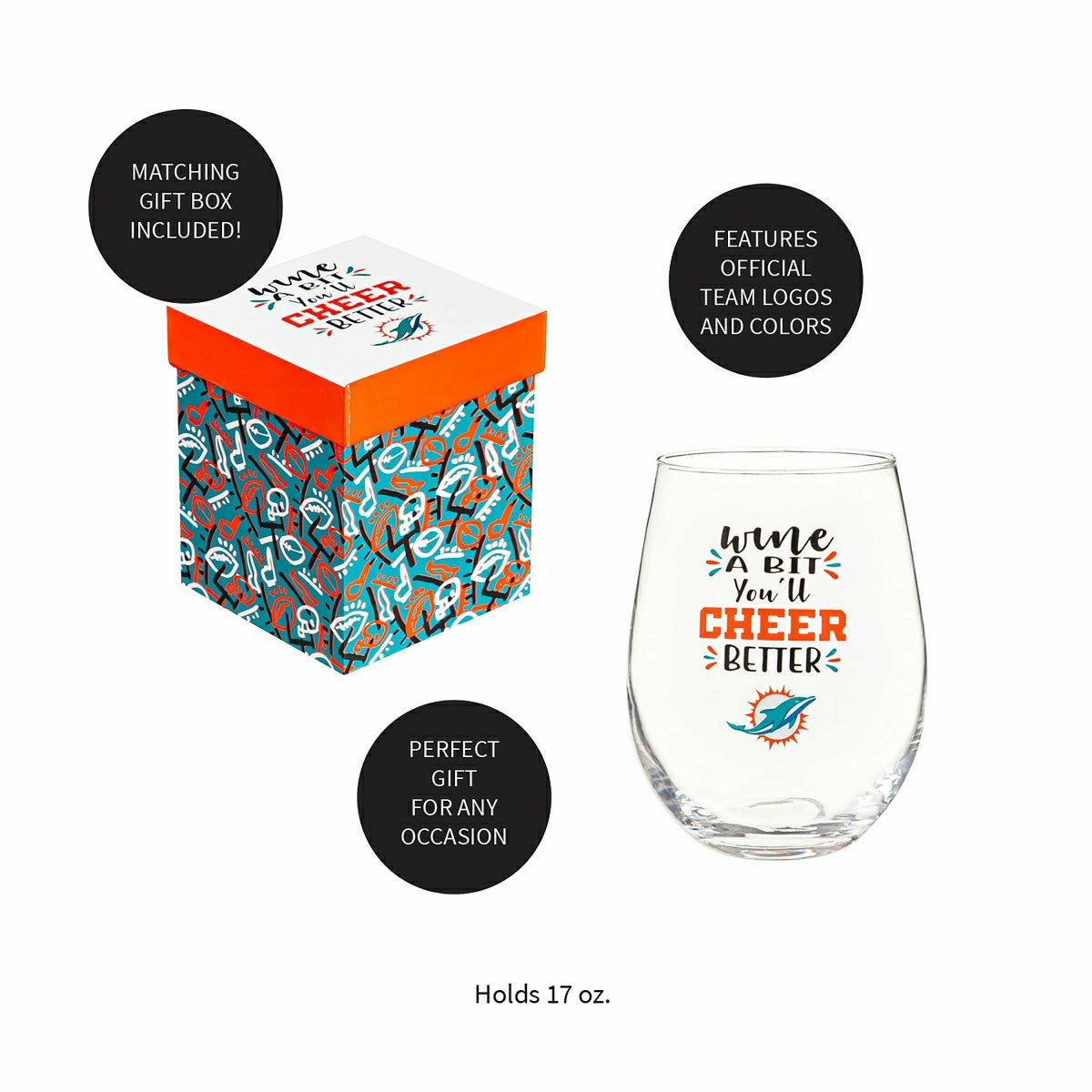 Miami Dolphins, 17oz Boxed Stemless Wine