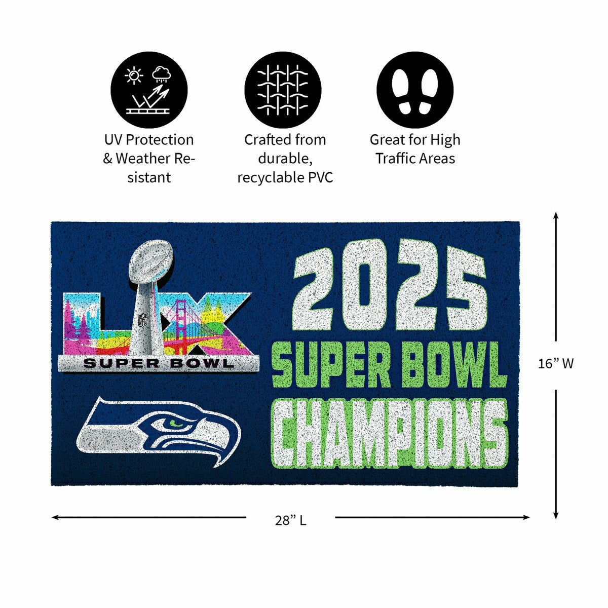 Seattle Seahawks, Super Bowl 60, Champions, Turf Mat, Color, 28"x 16"