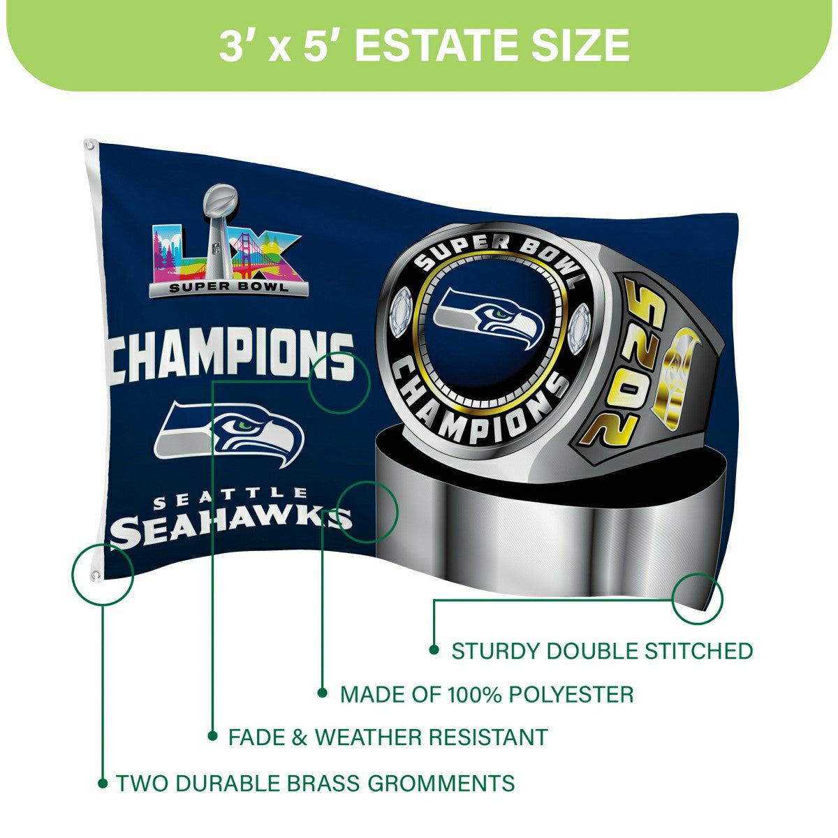 Seattle Seahawks, Super Bowl 60, Ring, Single Sided Flag w/ 2 Grommets