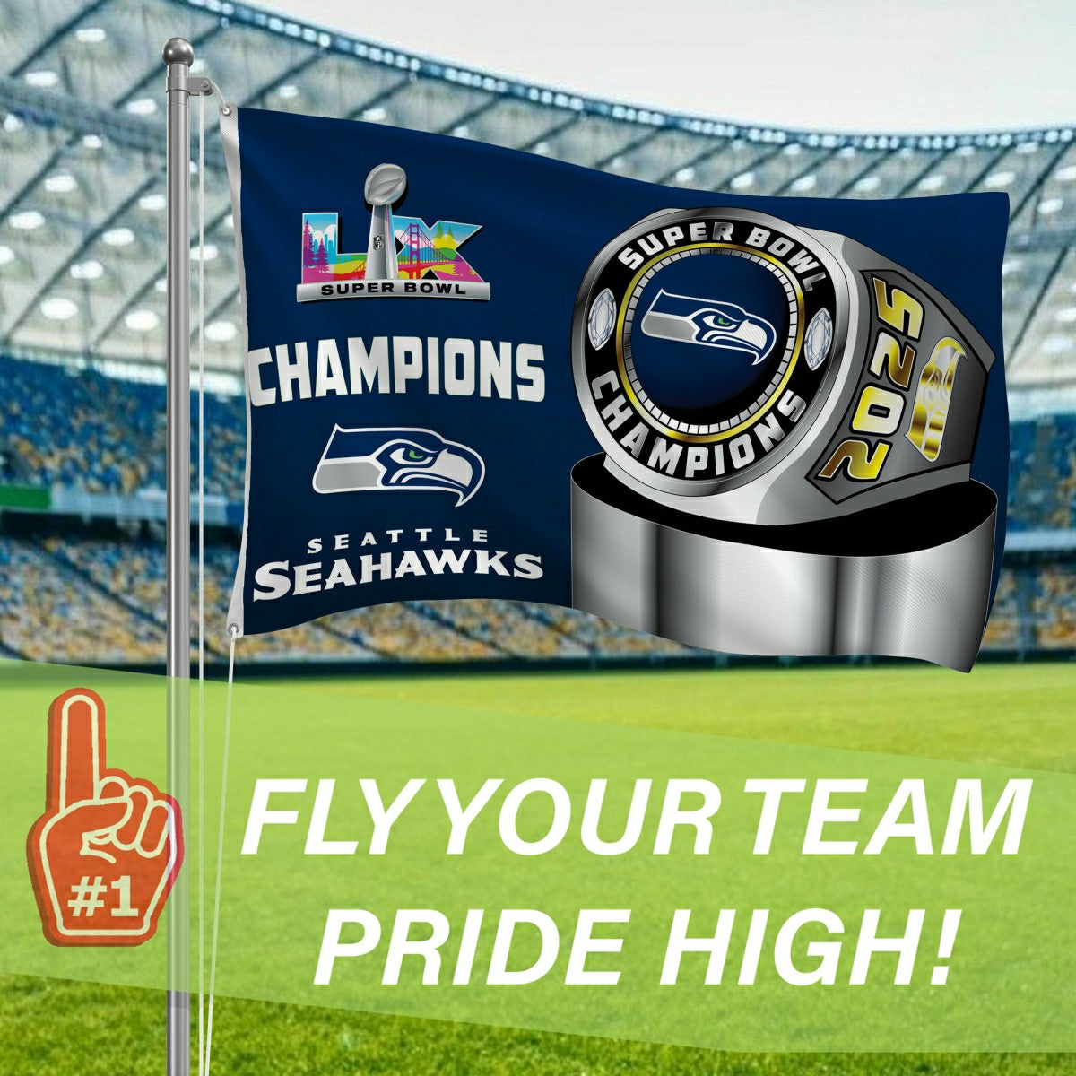 Seattle Seahawks, Super Bowl 60, Ring, Single Sided Flag w/ 2 Grommets
