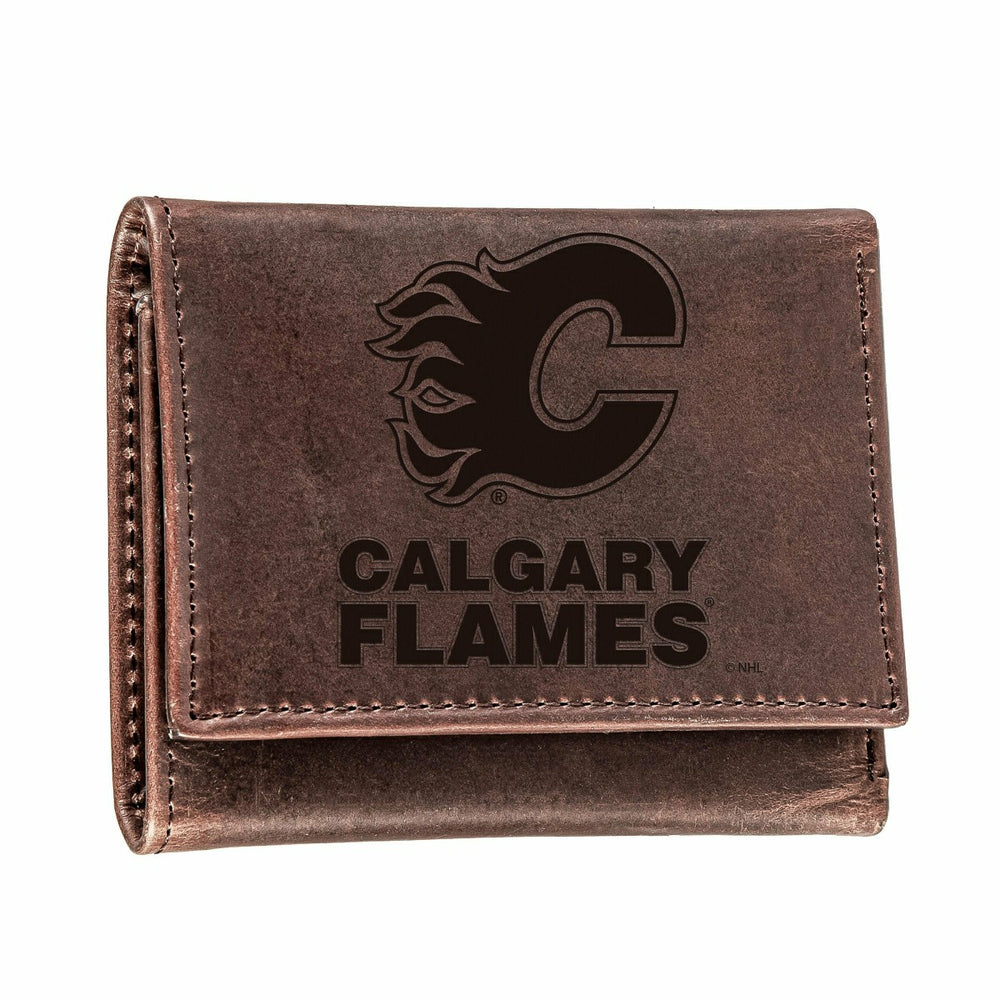 Calgary Flames, Tri-Fold Wallet, Brown, CH, 100% Genuine Leather
