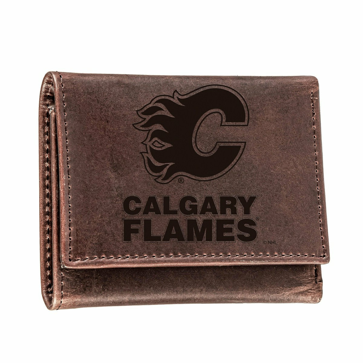 Calgary Flames, Tri-Fold Wallet, Brown, CH, 100% Genuine Leather