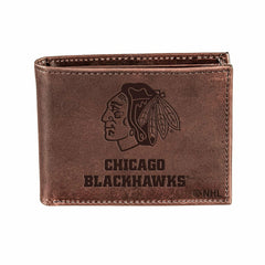 Chicago Blackhawks, Bi-Fold Wallet, Brown, CH, 100% Genuine Leather