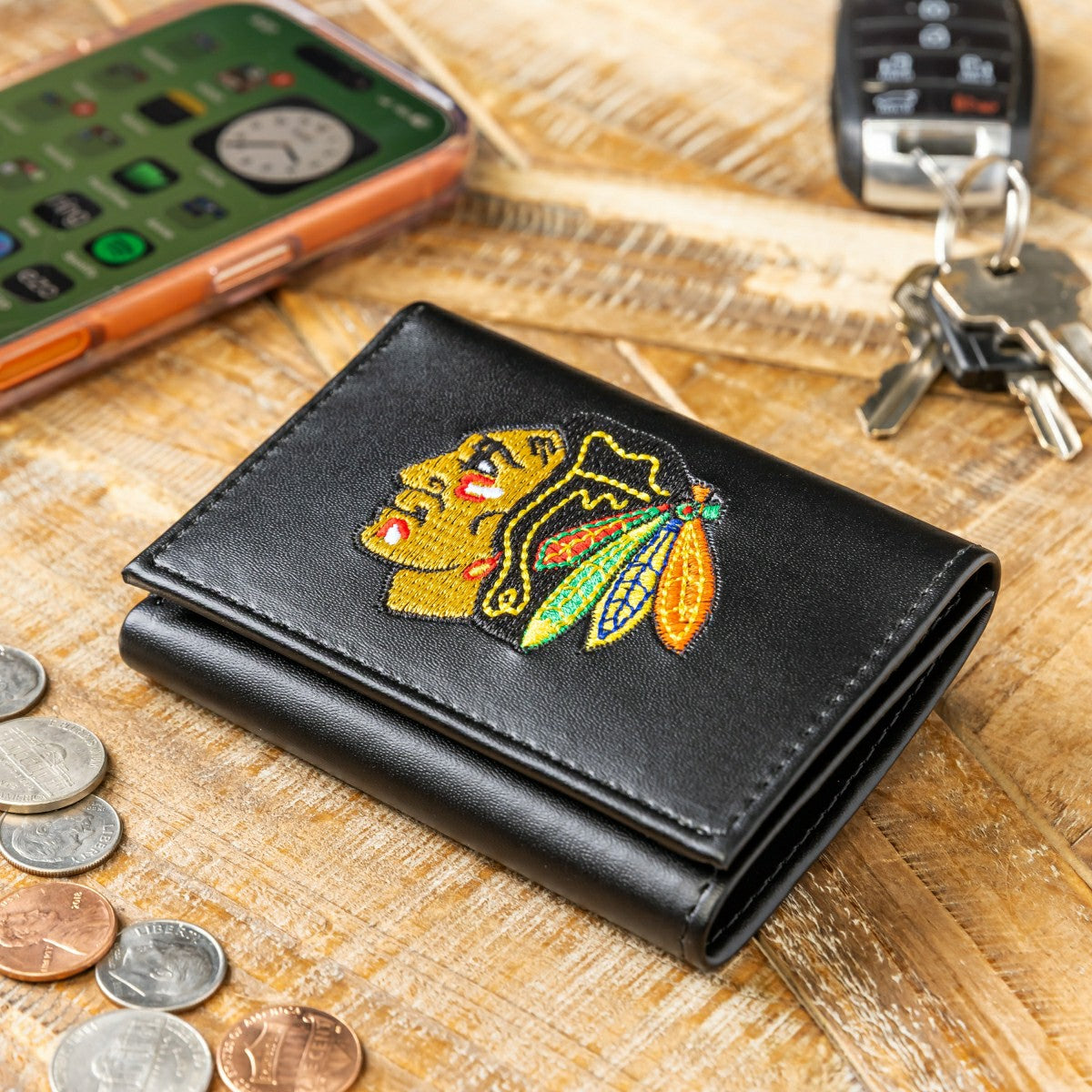 Chicago Blackhawks Black Tri-Fold Embroidered Wallet w/ RFID Blocking