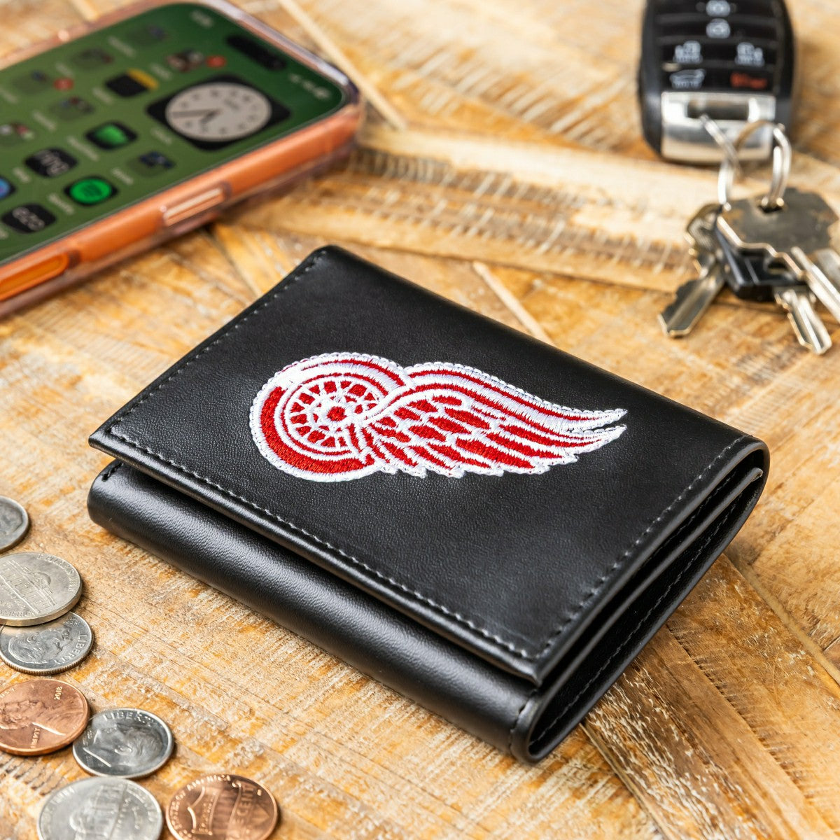 Detroit Red Wings Black Tri-Fold Embroidered Wallet w/ RFID Blocking