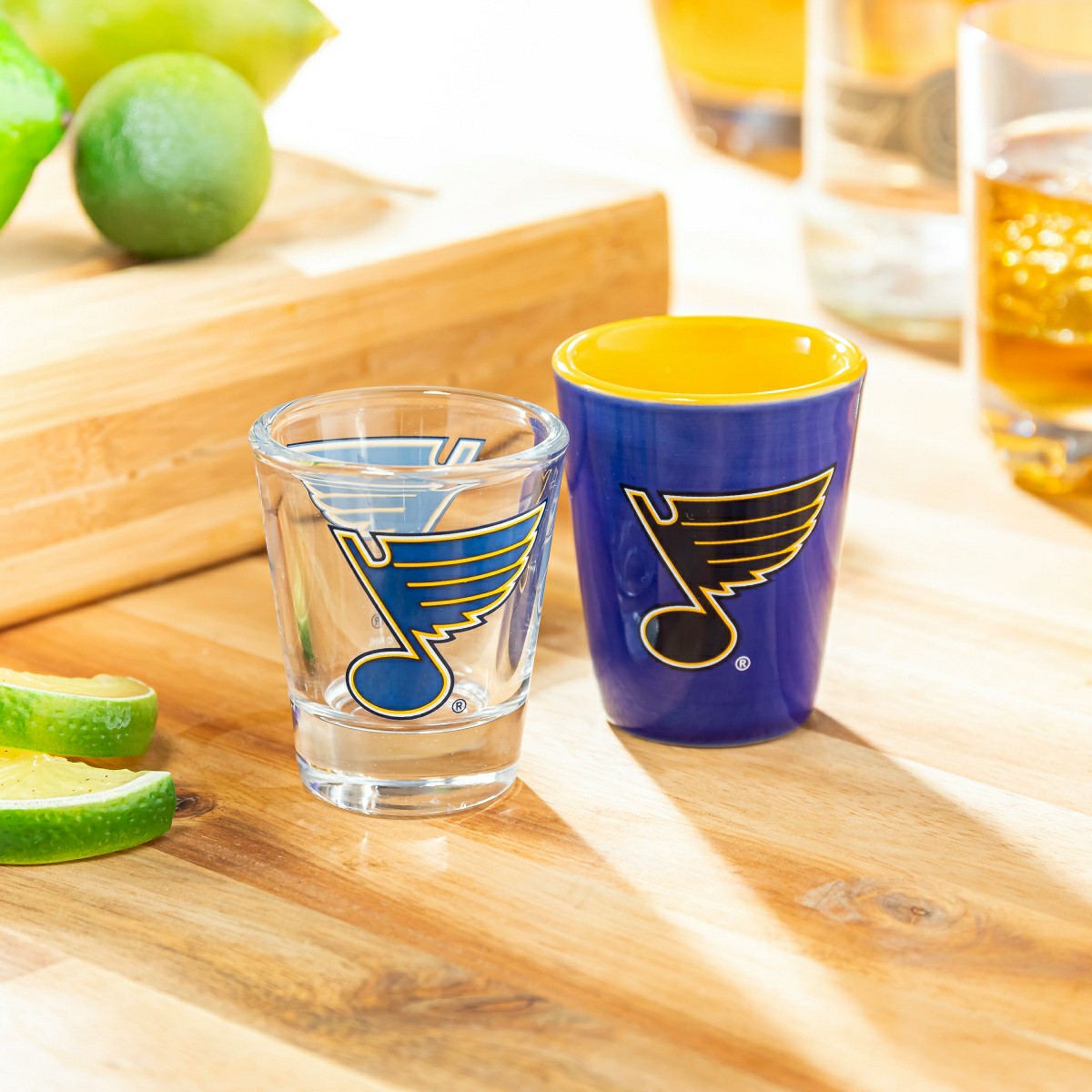 St Louis Blues 4-Piece Ceramic and Glass 2oz. Shot Glass Set