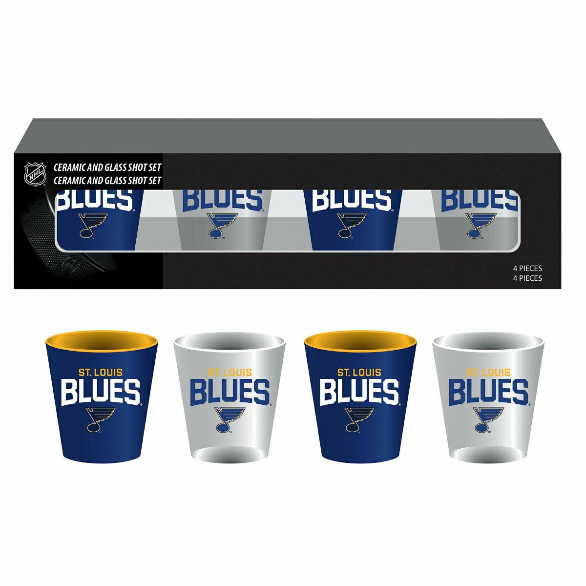 St Louis Blues 4-Piece Ceramic and Glass 2oz. Shot Glass Set