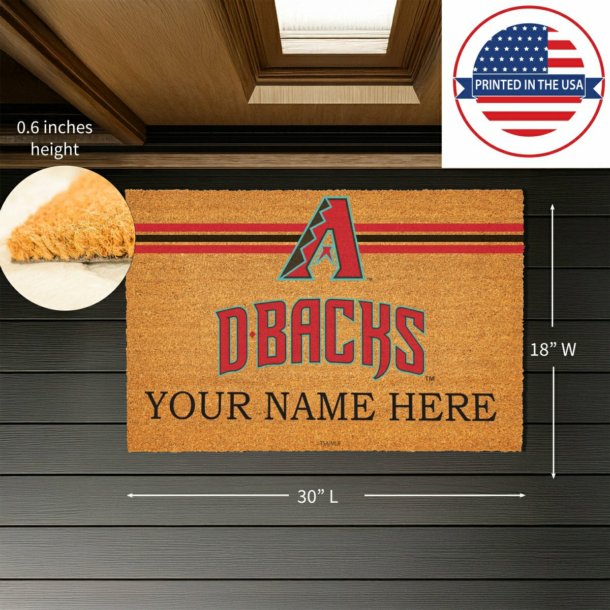 Arizona Diamondbacks Personalized Mat, Natural Coir with Color Logo, 3