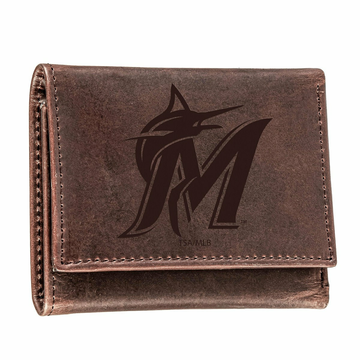 Miami Marlins Tri-Fold Wallet Brown 100% Genuine Leather