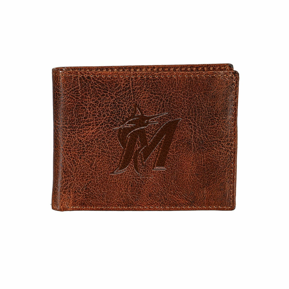 Miami Marlins, Embossed 100% Genuine Tumbled Leather Passcase Bi-Fold