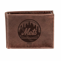 New York Mets Bi-Fold Wallet Brown 100% Genuine Leather