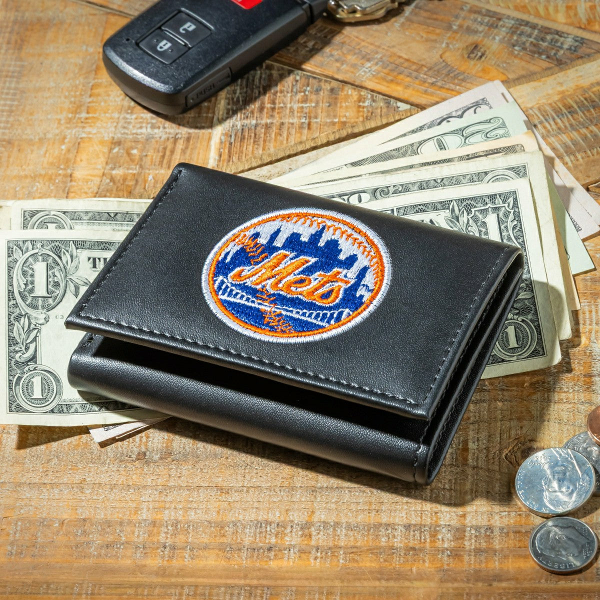 New York Mets Black Tri-Fold Embroidered Wallet w/ RFID Blocking