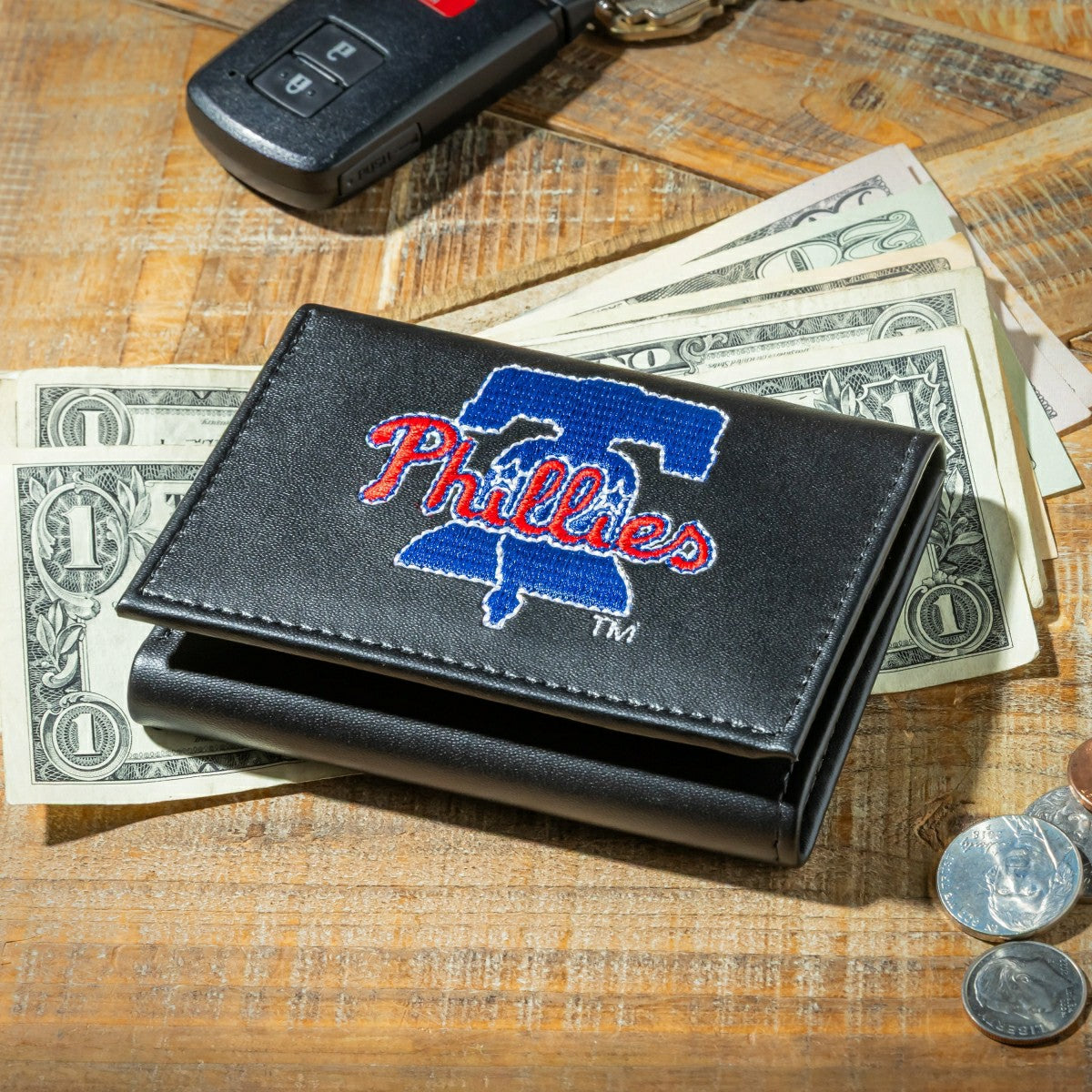Philadelphia Phillies Black Tri-Fold Embroidered Wallet w/ RFID Blocking