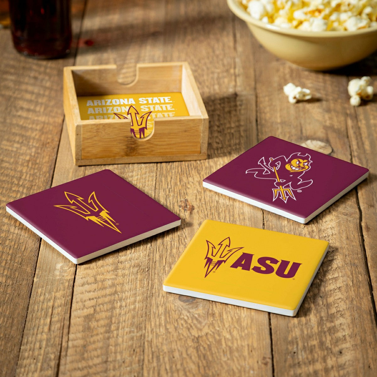 Arizona State University Ceramic Coasters Set, 4pcs with Wood Caddy