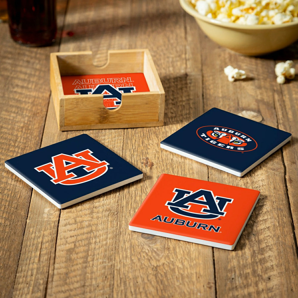 Auburn University Ceramic Coasters Set, 4pcs with Wood Caddy
