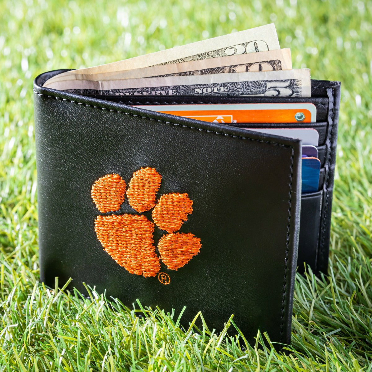 Clemson University Black Bi-Fold Embroidered Wallet w/ RFID Blocking