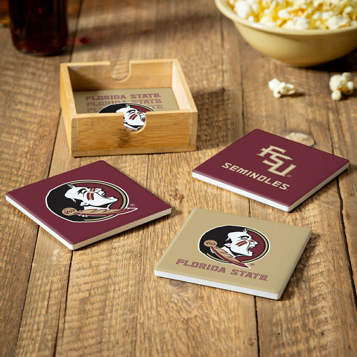 Florida State University Ceramic Coasters Set, 4pcs with Wood Caddy