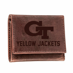 Georgia Tech, Tri-Fold Wallet, Brown, CH, 100% Genuine Leather