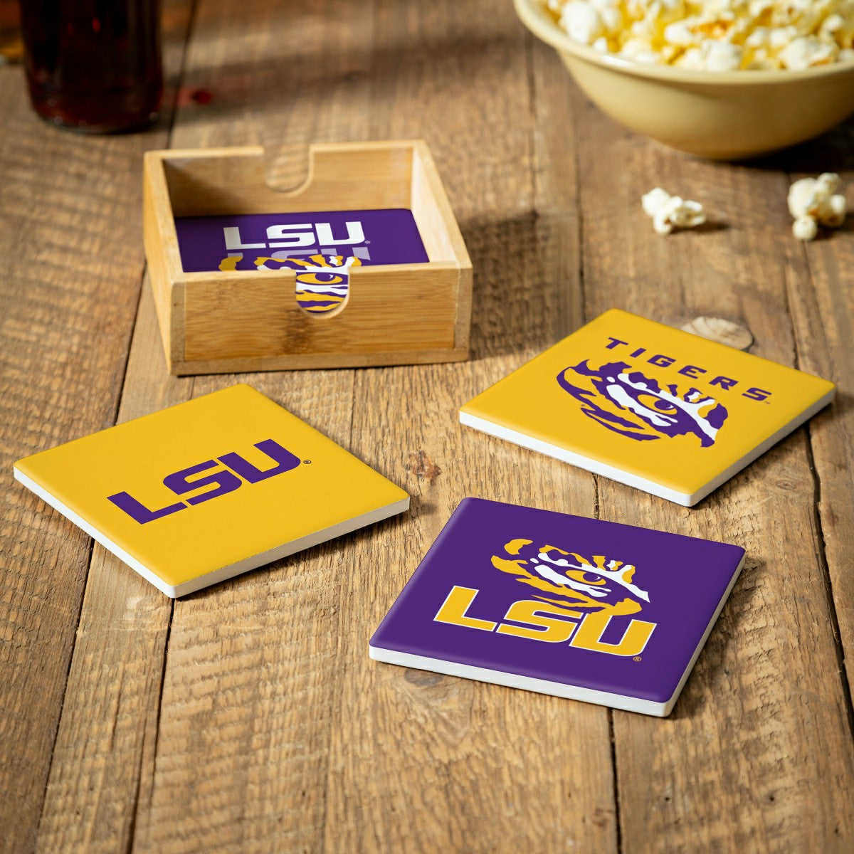 Louisiana State University Ceramic Coasters Set, 4pcs with Wood Caddy