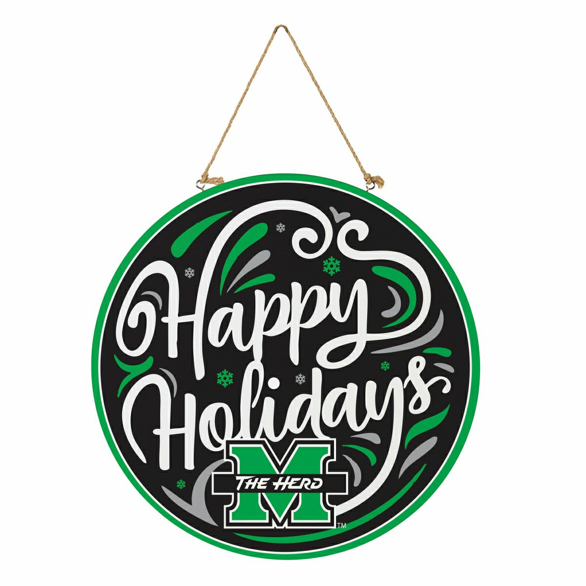 Marshall University Holiday Round Door Décor with Hanging Rope, 18x18