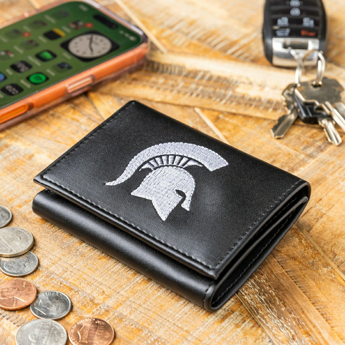Michigan State University Black Tri-Fold Embroidered Wallet w/ RFID Blocking
