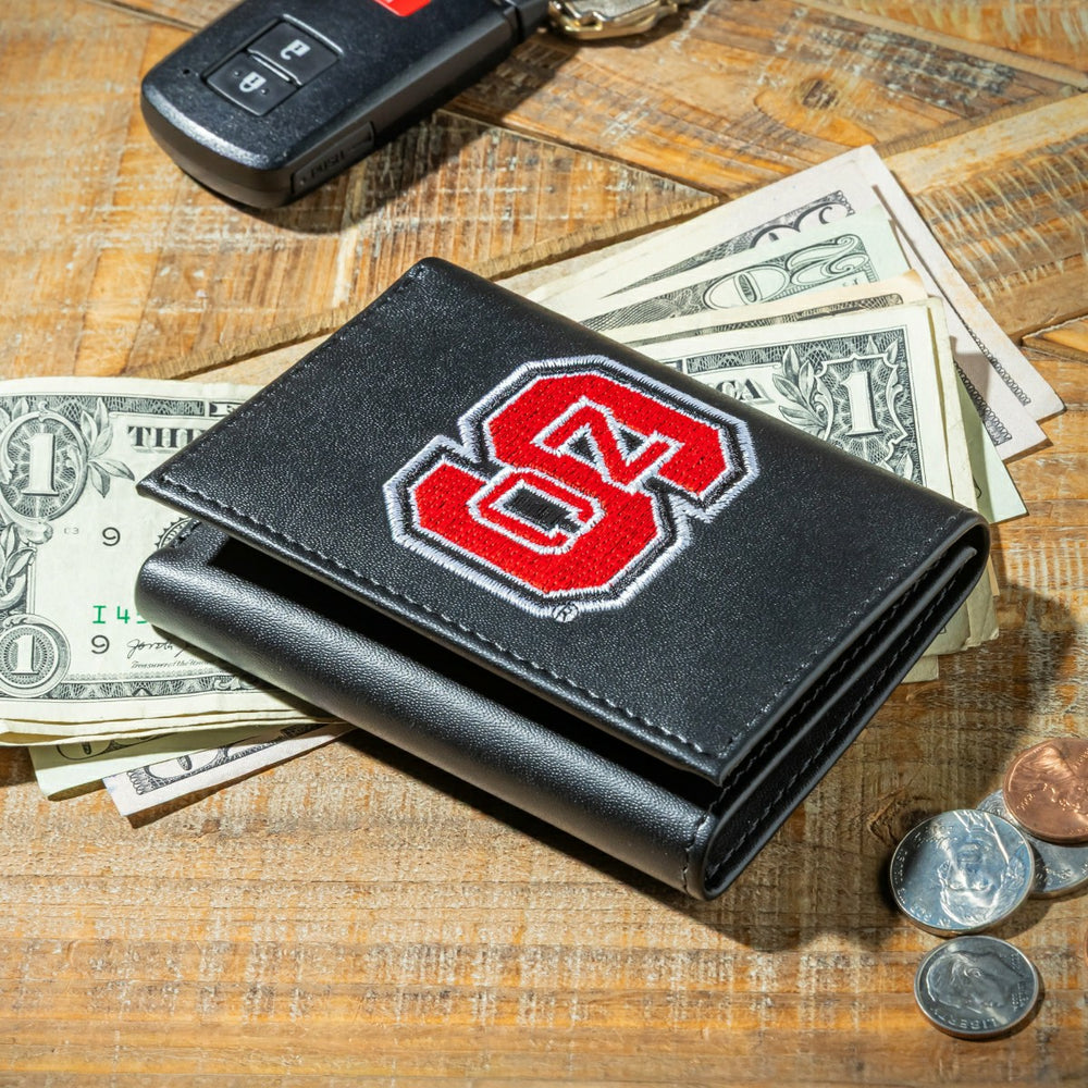North Carolina State University Black Tri-Fold Embroidered Wallet w/ RFID Blocking