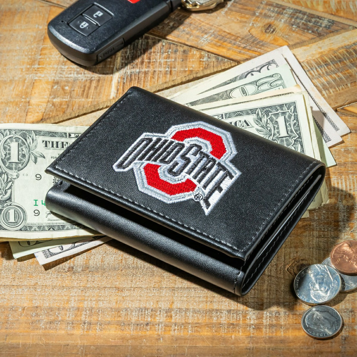 Ohio State University Black Tri-Fold Embroidered Wallet w/ RFID Blocking