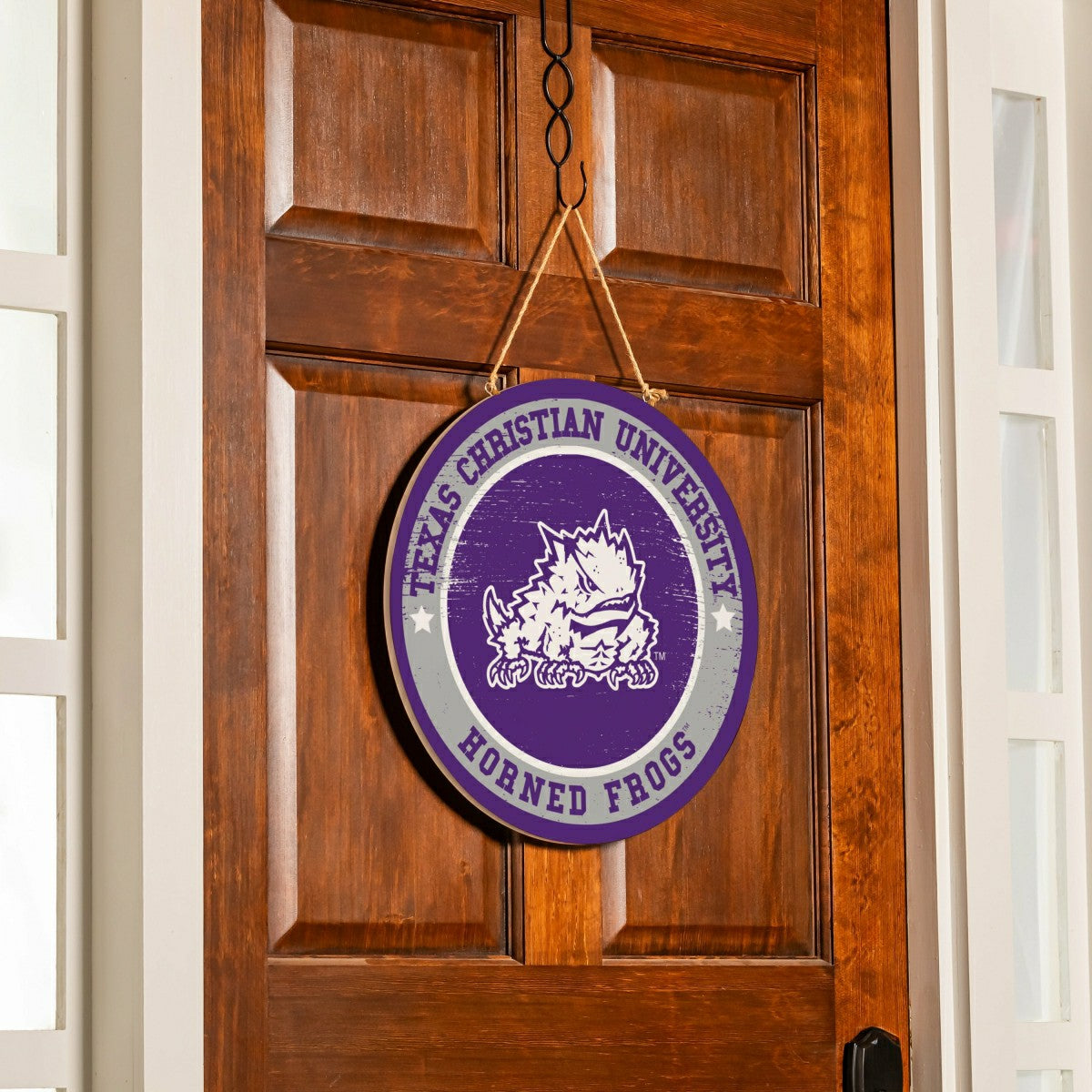 Texas Christian University Round Door Décor with Hanging Rope, 18x18