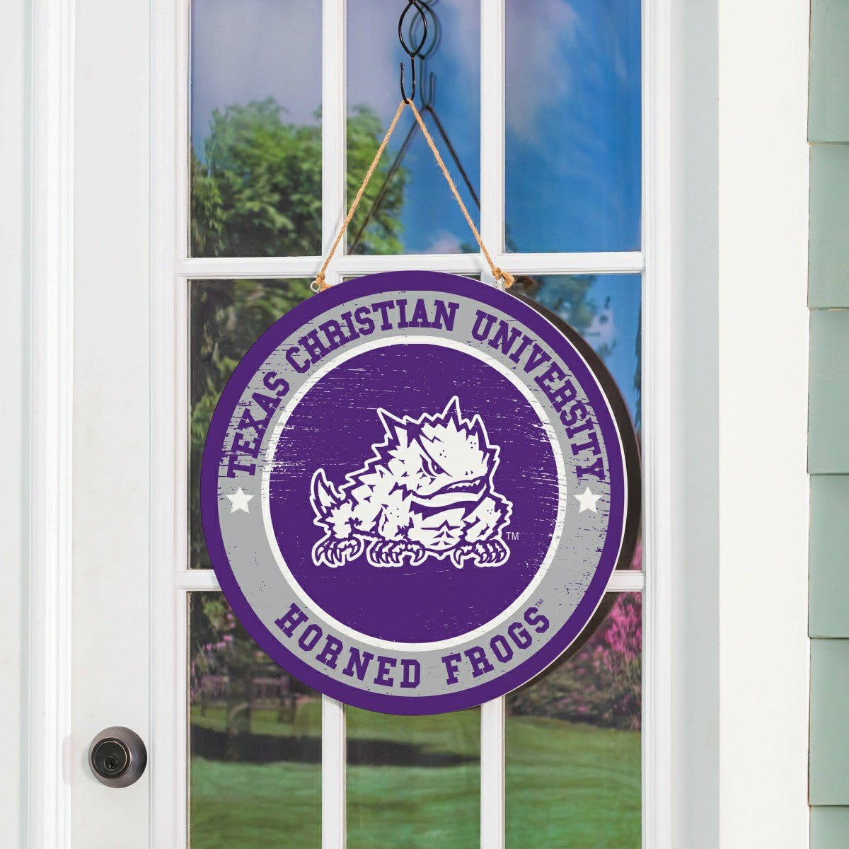 Texas Christian University Round Door Décor with Hanging Rope, 18x18